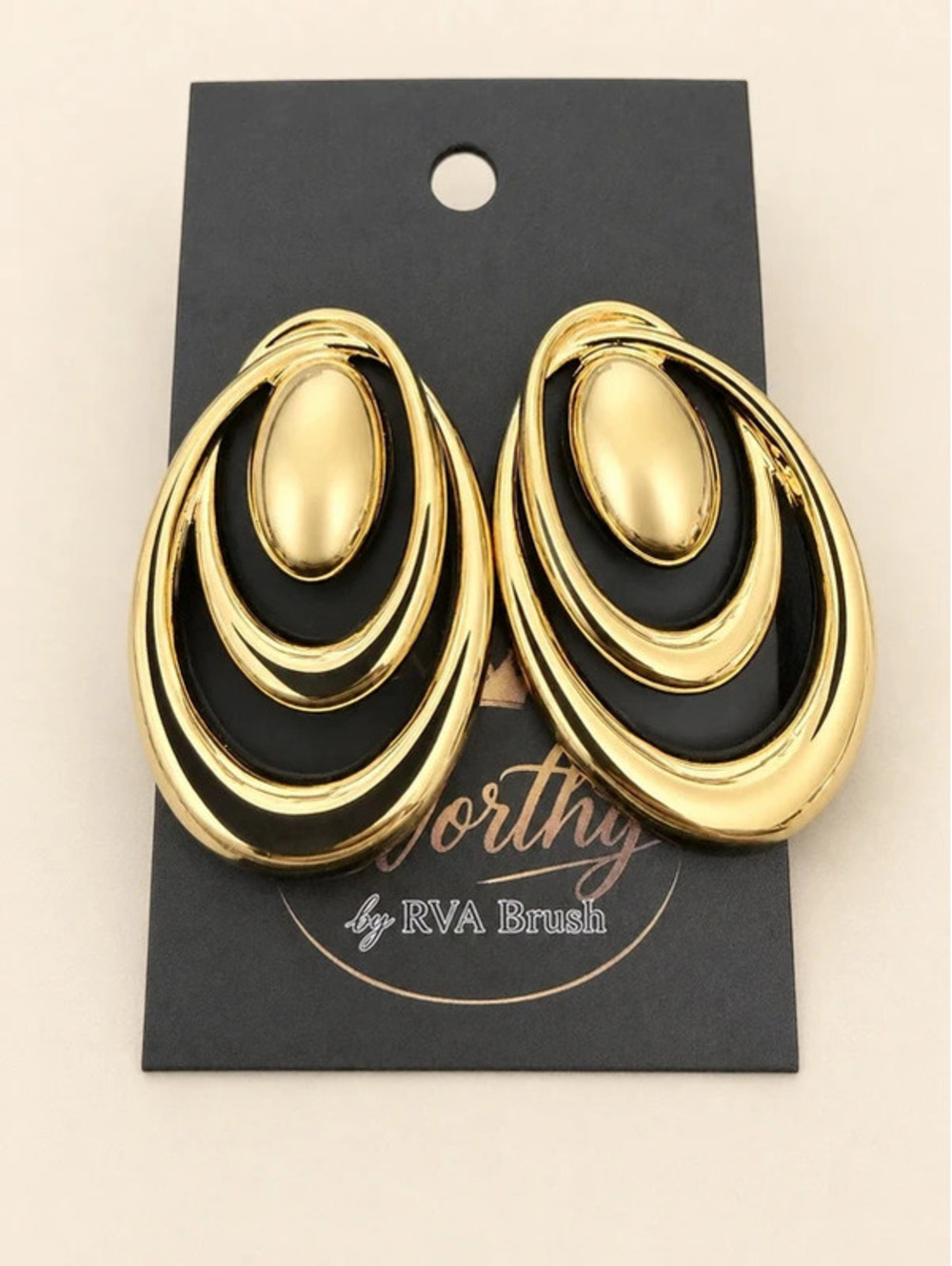 Elegant Black and Gold Layered Oval Women's Earrings - Vintage-Inspired Design